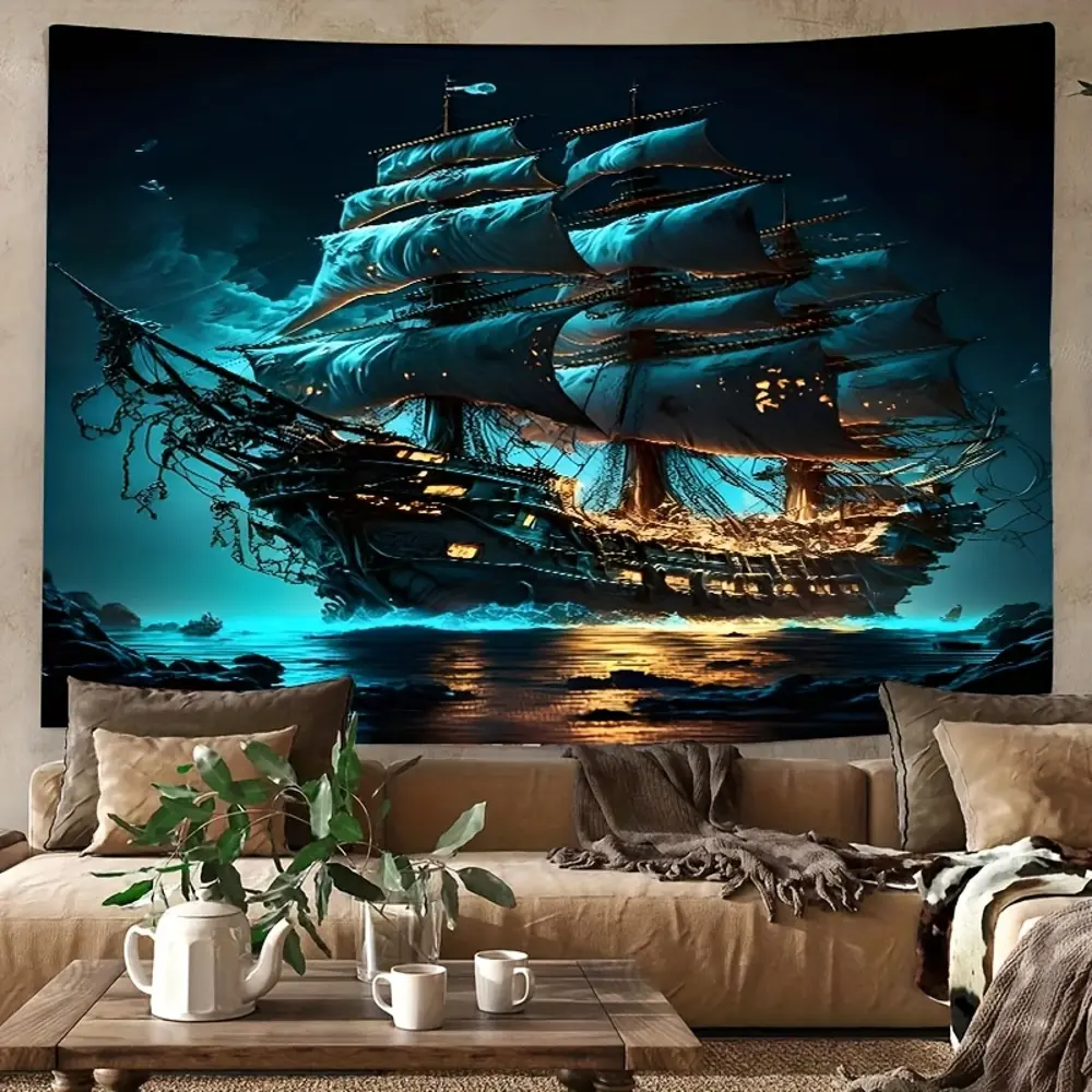 Nautical 2D Flat Teal Glowing Sailing Ship Printed Polyester Photography Backdrop - Nautical Festive Backdrops & Banners, HD Digitally Printed, Soft Lightweight Foldable Cloth for Indoors Product Photos, Portrait Shooting