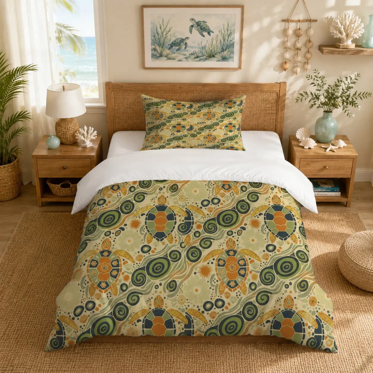 Vintage Hawaiian Turtle Bedding Set, 2/3 Pcs (1 Duvet Cover + 1/2 Pillowcases, No Fillings). Soft and Skin-friendly Fabric, for Bedrooms of Teens and Adults, Perfect Holiday and Housewarming Gift