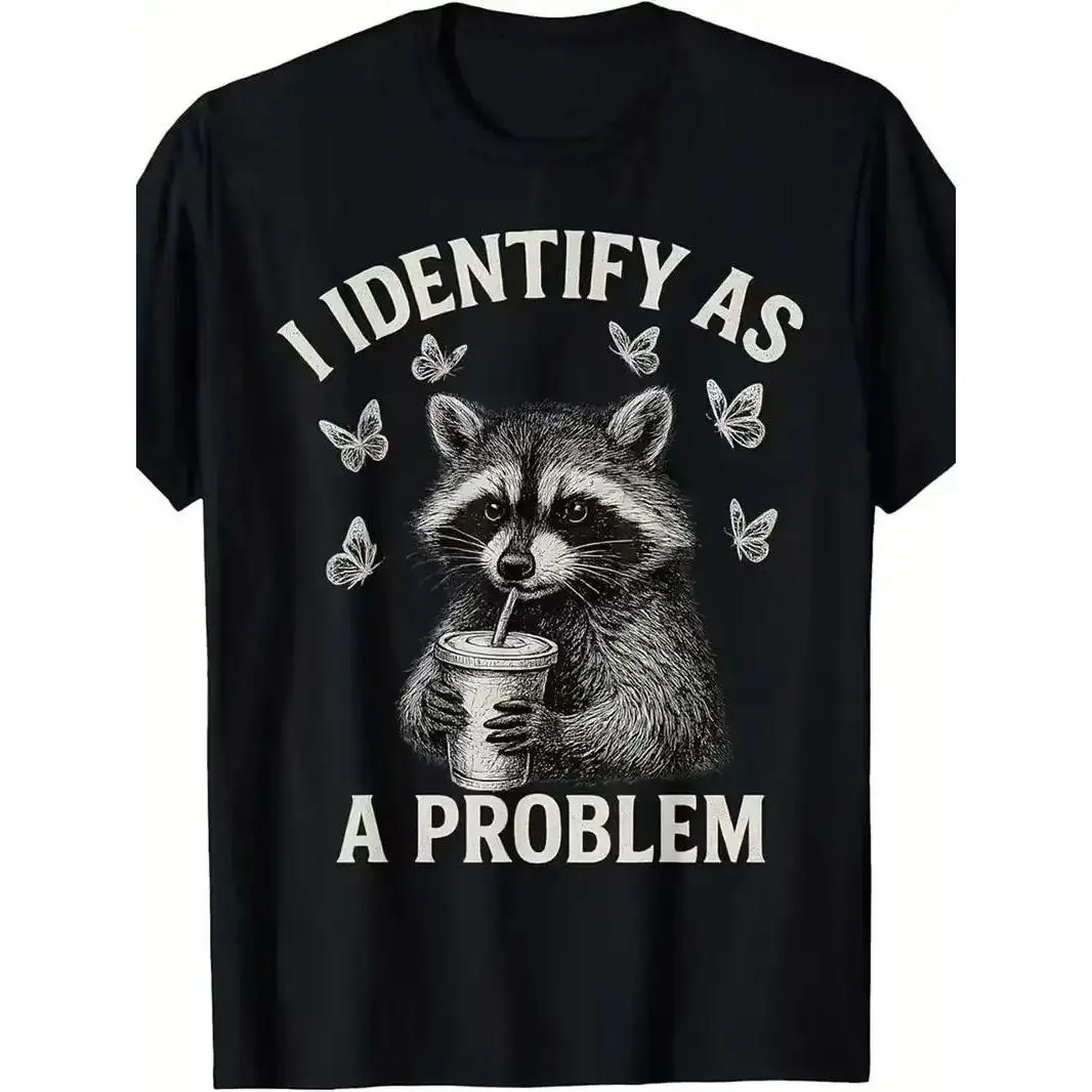 "I Identify As A Problem" Raccoon Funny T-Shirt Classic Crewneck Short Sleeve Tee for Men Casual Cotton Whimsical Design