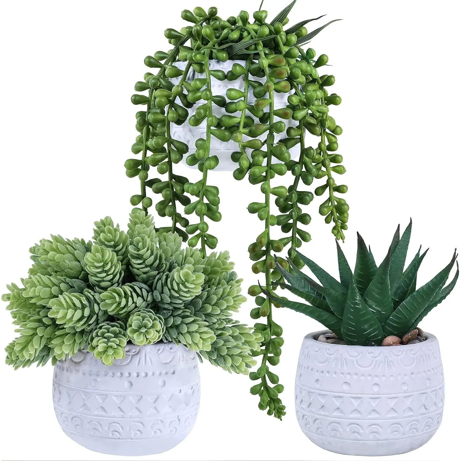 3 Pcs Assorted Small Artificial Potted Succulent Plants with Aloe & Hanging Succulent in White Geometric Concrete Ceramic Pots, Perfect for Gift Party Wedding Favors Windowsill Table Shelf Indoor Outdoor DecorGift