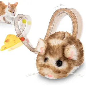 Interactive MigiMouse Cat Toy 360° Rolling & Spin with Mesh Plastic Tail for Indoor Cats Smart Motion Sensor, Realistic Squeak, Rechargeable Plush Kitten Toy(Brown Long)