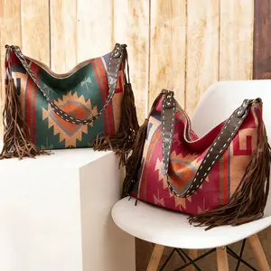 Boho Fringe Woven Tote Bag For Women, Western Inspired Geometric Pattern Shoulder Bag With Large Capacity Storage, Coastal Cowgirl Fashion Accessory For Travel, Shopping And Daily Carry, Festival Outfit Essential, Southwestern Style Carryall