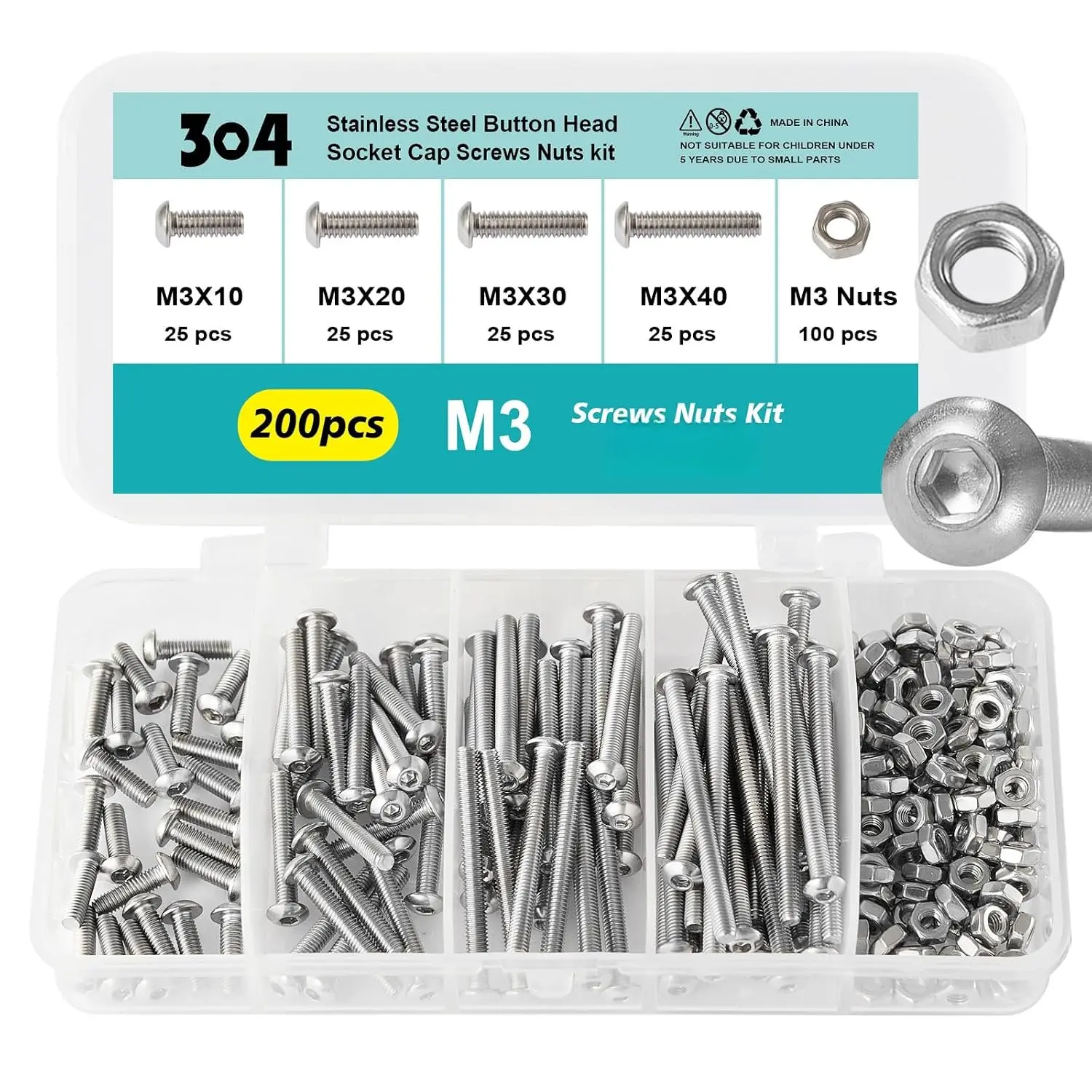 M3 x 10mm 20mm 30mm 40mm Button  Socket Cap Screws  and Nuts, Stainless Steel 304, Bright Finish, Metric Allen Hex Drive, Fully Thread,  Kit 200 count