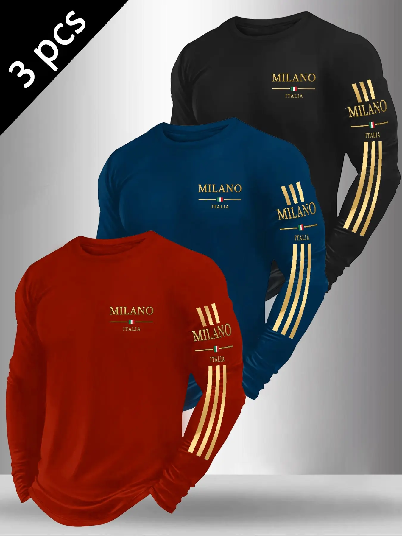 3 Pack Men Crew Neck Long Sleeve Tees, Menswear, Milano Italia Letter Italian Flag Three Stripes Chest Sleeve Dual Position Graphic Print Loose Fit European City Casual Streetwear Tops For Travel Daily Leisure Holiday Outfit