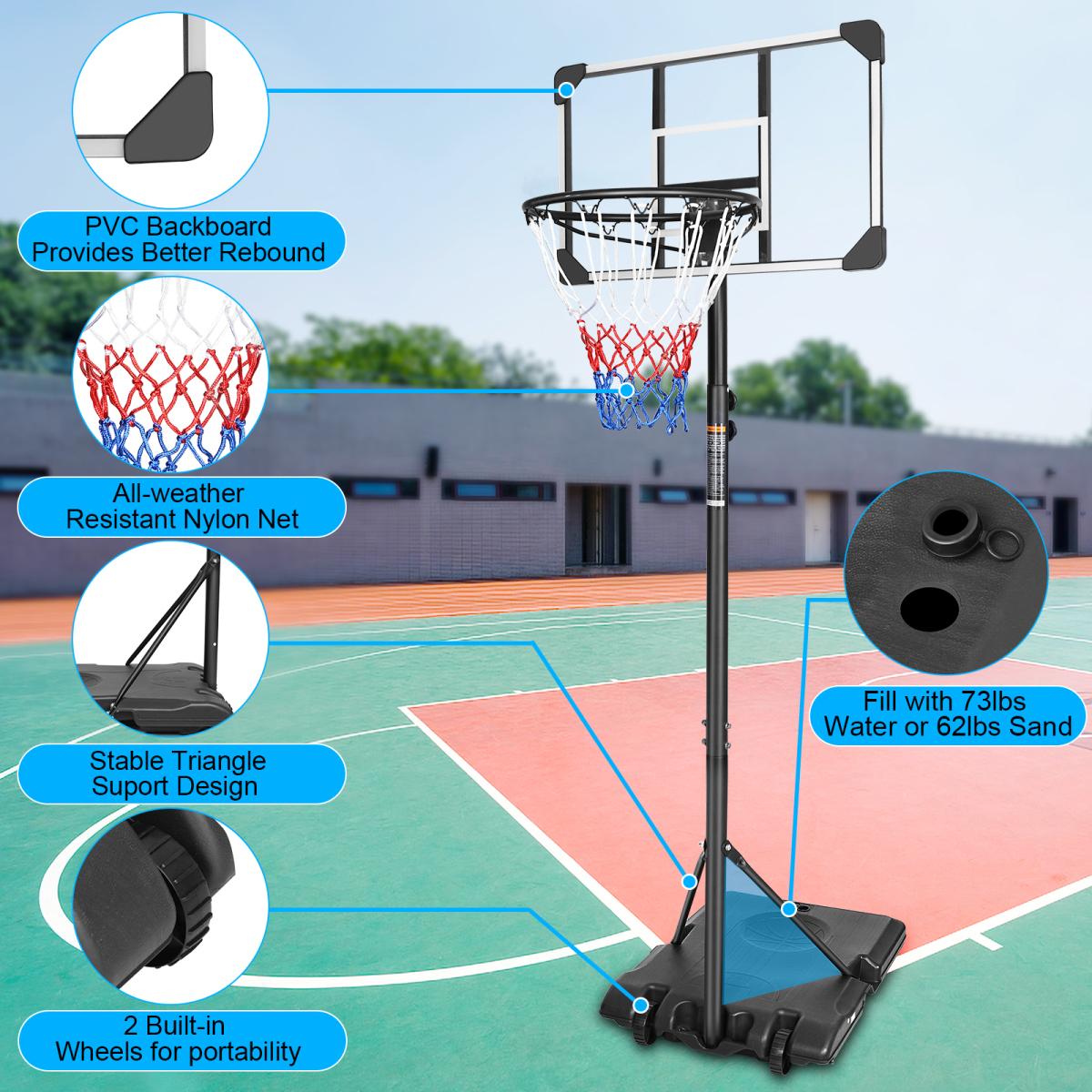 [Fahuac] Portable Basketball Hoop Height Adjustable 5.6-7ft - 28x18in Polycarbonate Backboard, Heavy-Duty Steel Frame, Water/Sand Fillable Base, Indoor Outdoor for Kids.