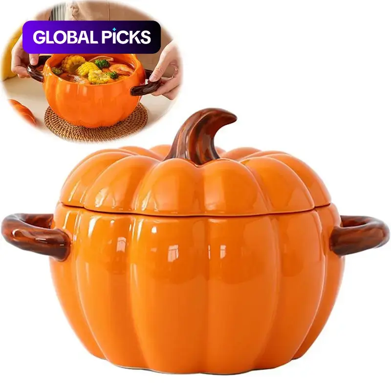 Ceramic Pumpkin Pot, Dutch Oven with Lid, Ceramic Pumpkin Dessert Casserole Dish, Mini Baking Tray, and Cute Pumpkin Bowls, Cooking Ceramic Cookware, Perfect for Baking, Desserts, and Serving Snacks and Candies. An Ideal Gift for Family and Friends.