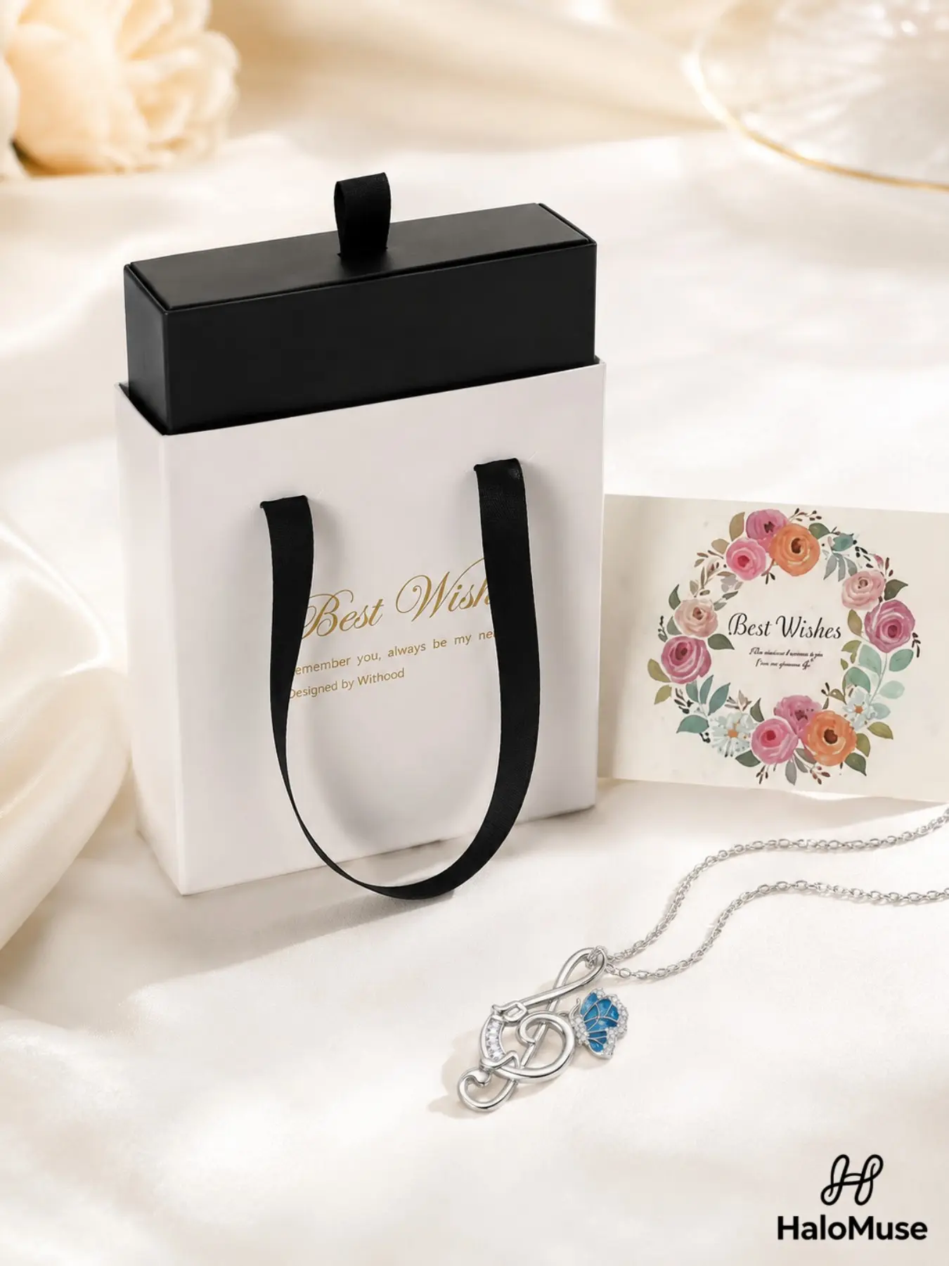 Halo Muse 1 Blue Butterfly Music Note Necklace, Sparkling Silver-Tone Treble Clef Pendant with Gift Box, Bag and Card, Gift for Music Lovers, Birthday, Graduation, Anniversary and Holidays