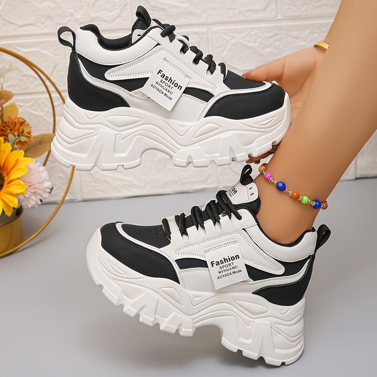 Women's Breathable Chunky Dad Shoes - Fashionable Black & White Sneakers with Thick Rubber Sole, Comfortable All-Season Sneakers