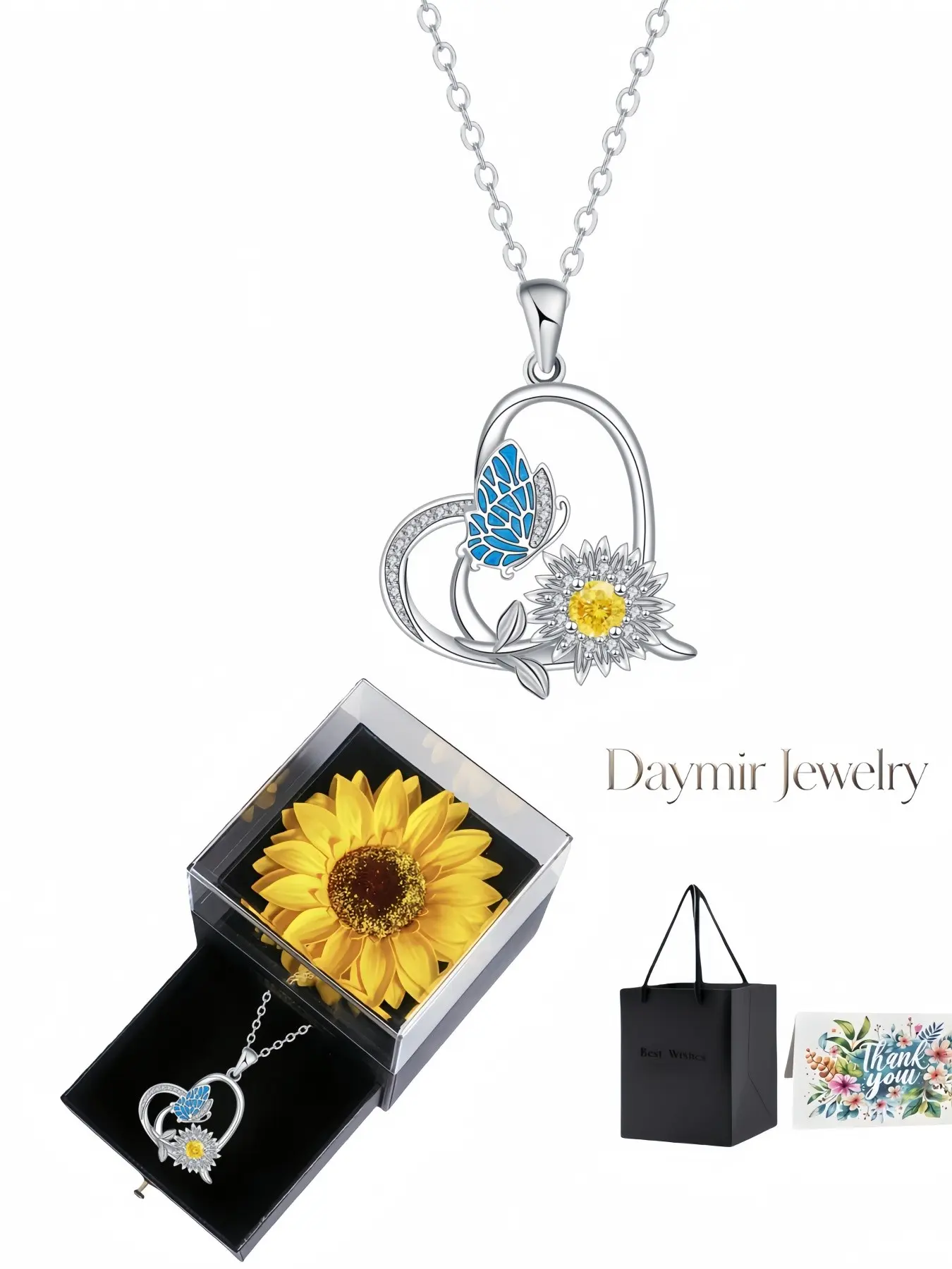 Exquisitely‑crafted heart butterfly sunflower gem necklace with exclusive design, packaged in preserved sunflower jewelry box, ideal gift for birthdays, Mother’s Day, Valentine’s Day and Christmas