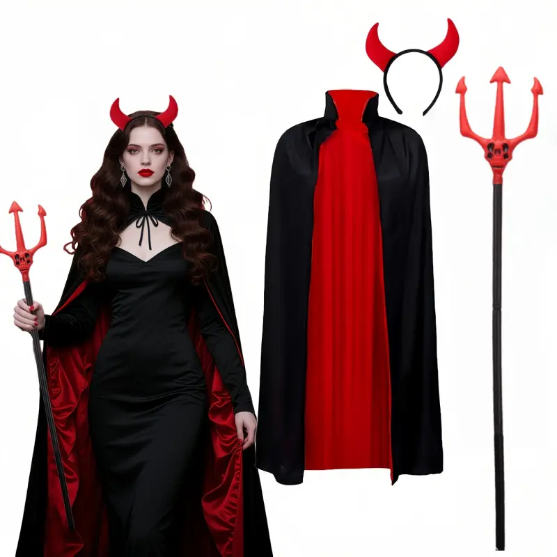 Three piece devil and demon themed accessory outfit, Death Vampire Red and Black Cloak Set, suitable for Halloween, Carnival, wizard role-playing parties, stage performances