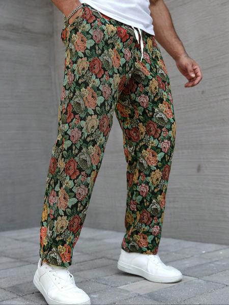 Men's Casual Floral Woven Pants, Elastic Drawstring Waist, Loose Fit, Perfect for Beach Vacation & Music Festivals