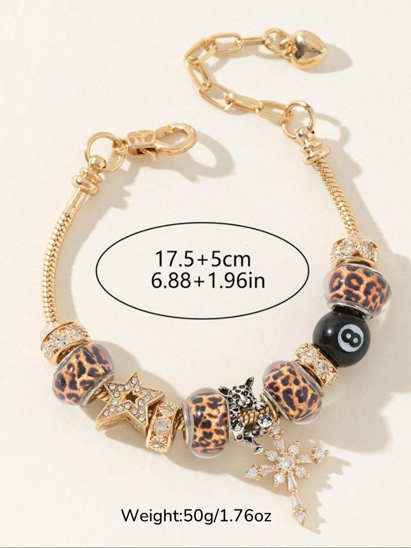1 Pc Women's 8-Ball Charm Bracelet, Star and Cross Charm Bracelet, Leopard Print and Minimalist Style Bracelets, Adjustable Couple Charm Bracelet