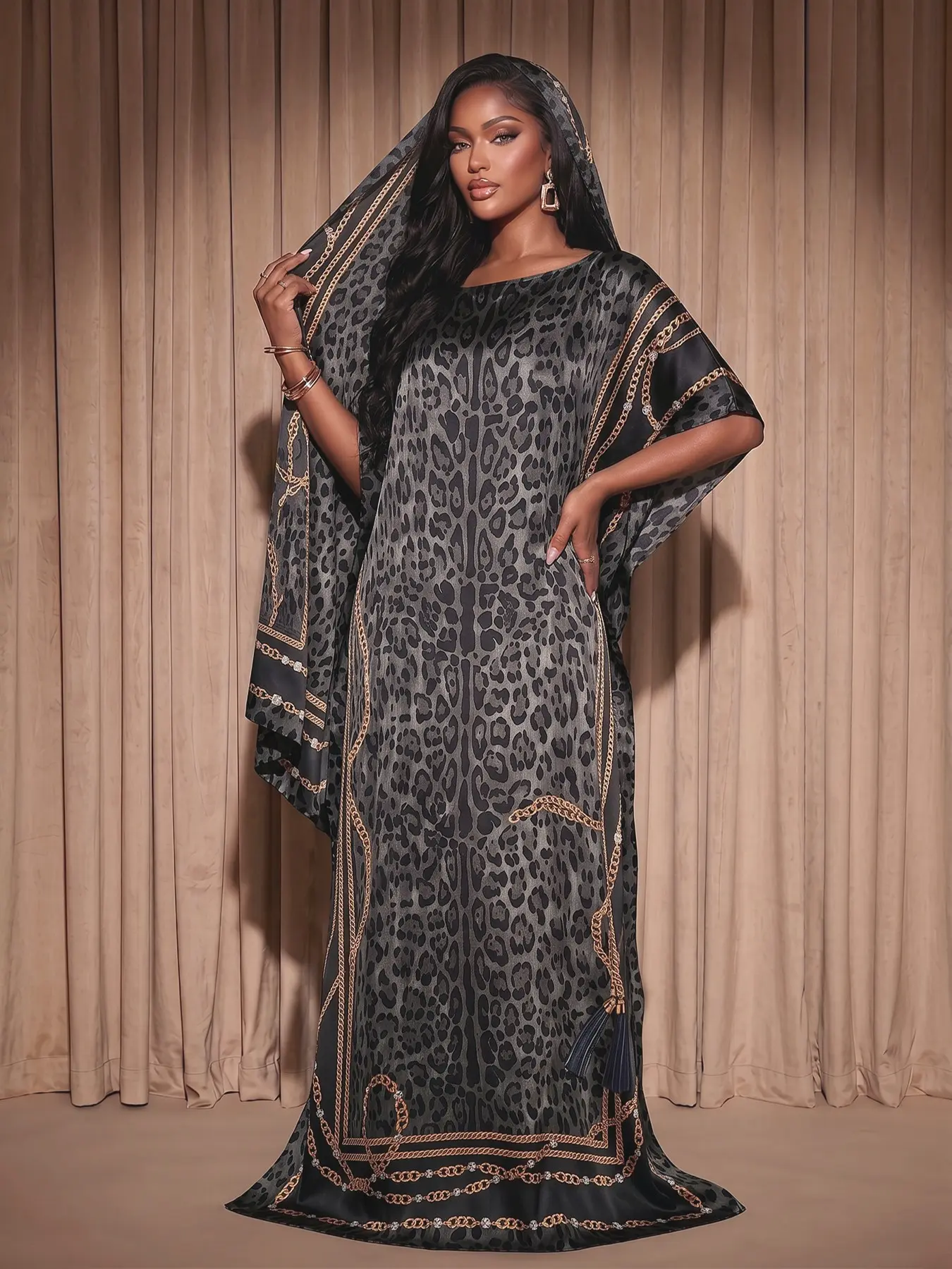 Plus Size Women's Silk-Like Satin Long Dress with Scarf Set, Loose Fit Boat Neck Summer Home Wear, Fashionable Comfortable Casual, 1 Piece