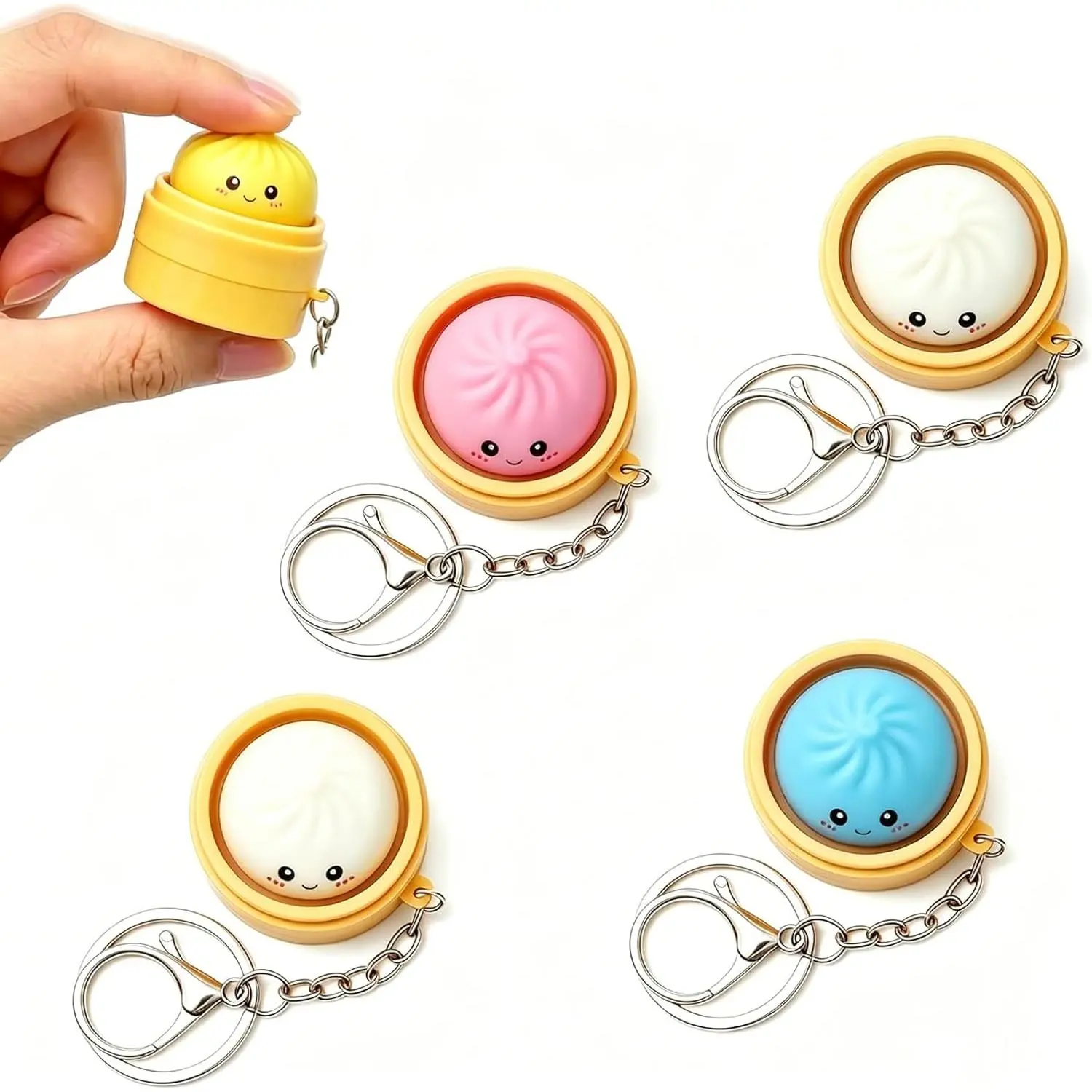 4 Pack Unisex Squishies Dumpling Keychain Fidget Clicker, Mini Size Office Friendly Stress Relief Toy with Crisp Click Sound, Portable Focus Accessory for Work Travel (Beige+Yellow+Pink+Blue)