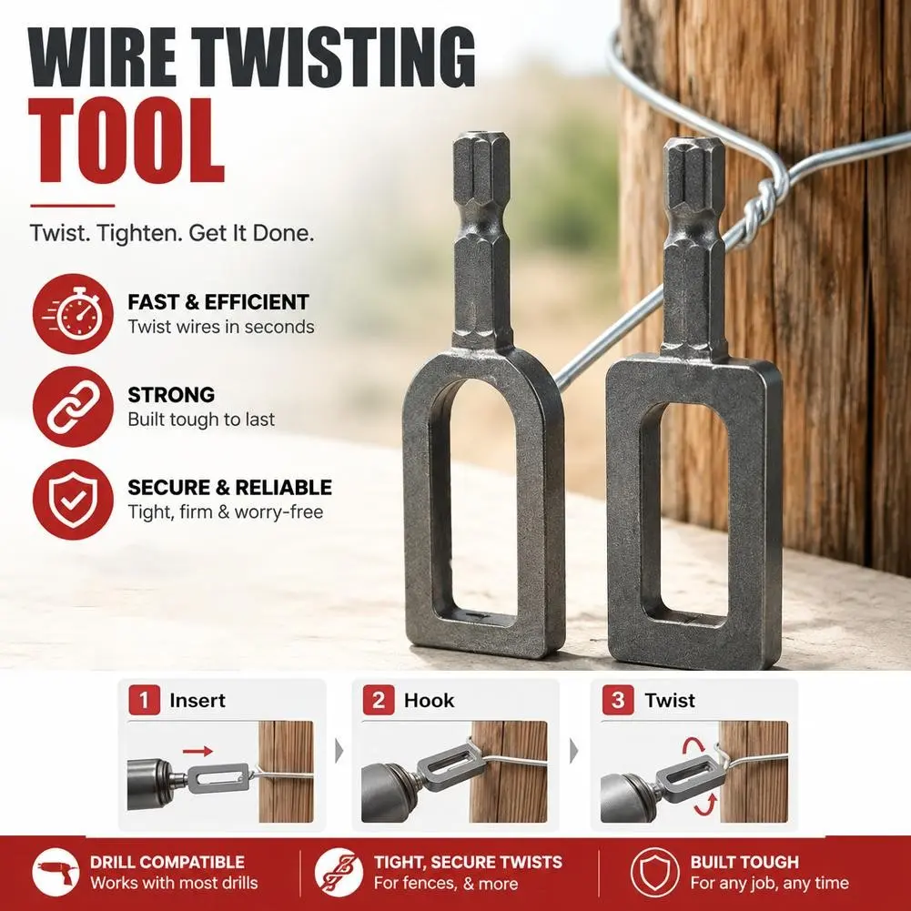 Electric Drill Wire Twisting Tool, Heavy Duty Wire Twister for Drill with 1/4" Hex Shank, Professional Wire Twisting Tool for Fencing, Rebar Tying, and Construction, Alloy Steel