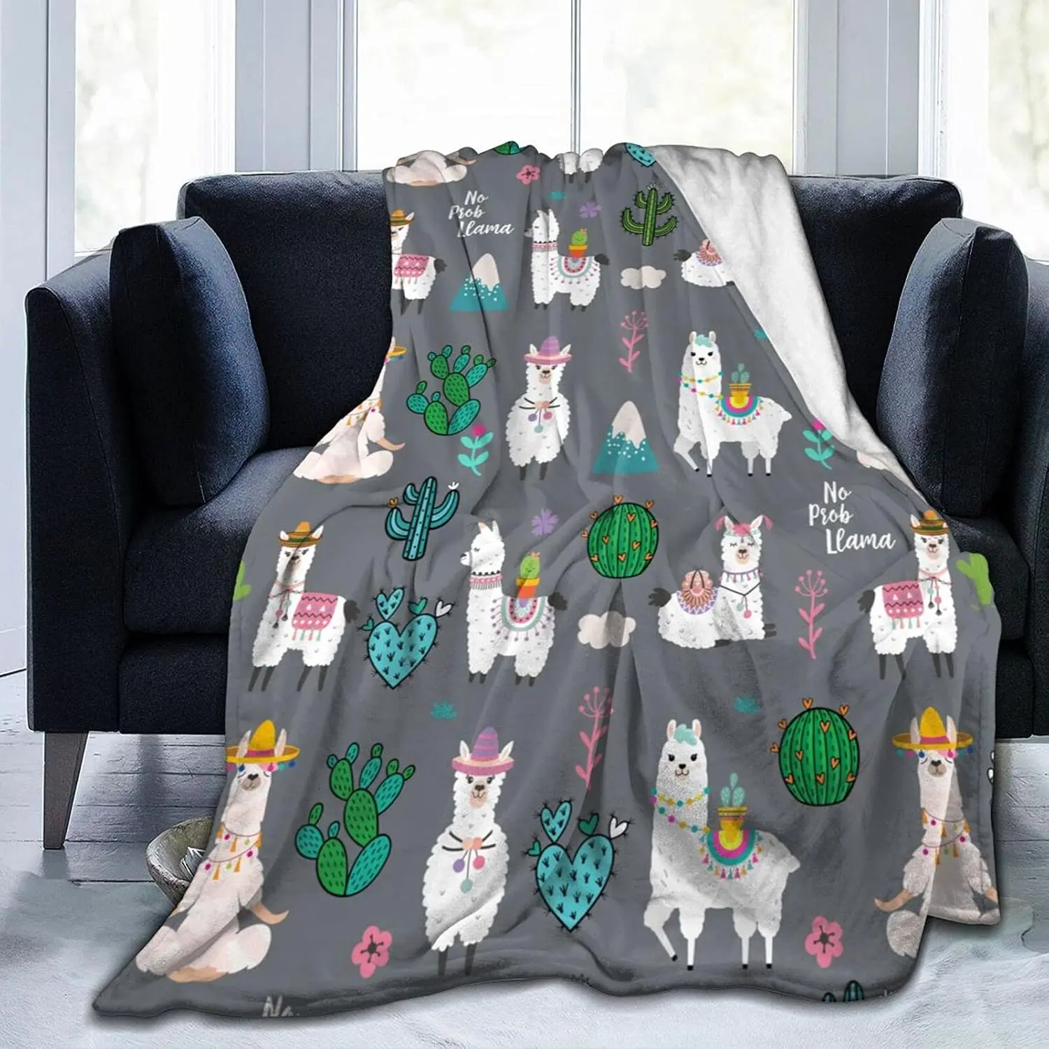 Bohemian Animal Print Llama Alpaca Flannel Poly Throw Blanket Gift, 50x40" Soft Warm Lightweight Fleece for Adults, Bed & Travel