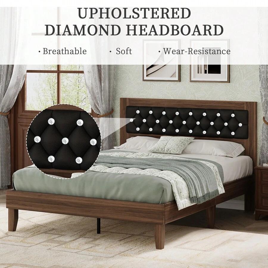 Upholstered Bed Frame with Diamond Tufted Headboard, Vintage & Modern Style, Strong Wooden Slat Support, No Box Spring Needed, Noise-Free Easy Assembly Upholstered Bed Frame with Diamond Tufted Headboard, Vintage & Modern Style, Strong Wooden Slat Support, No Box Spring Needed, Noise-Free Easy Assembly