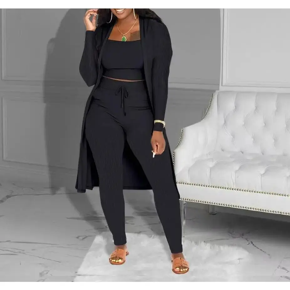 Three-Piece Set Solid Ribbed Square Neck Crop Top & Drawstring Waist Pants & Open Front Outerwear Set, Elegant Cozy 3 Counts Outfits for Daily Wear, Ladies Co-ord Sets