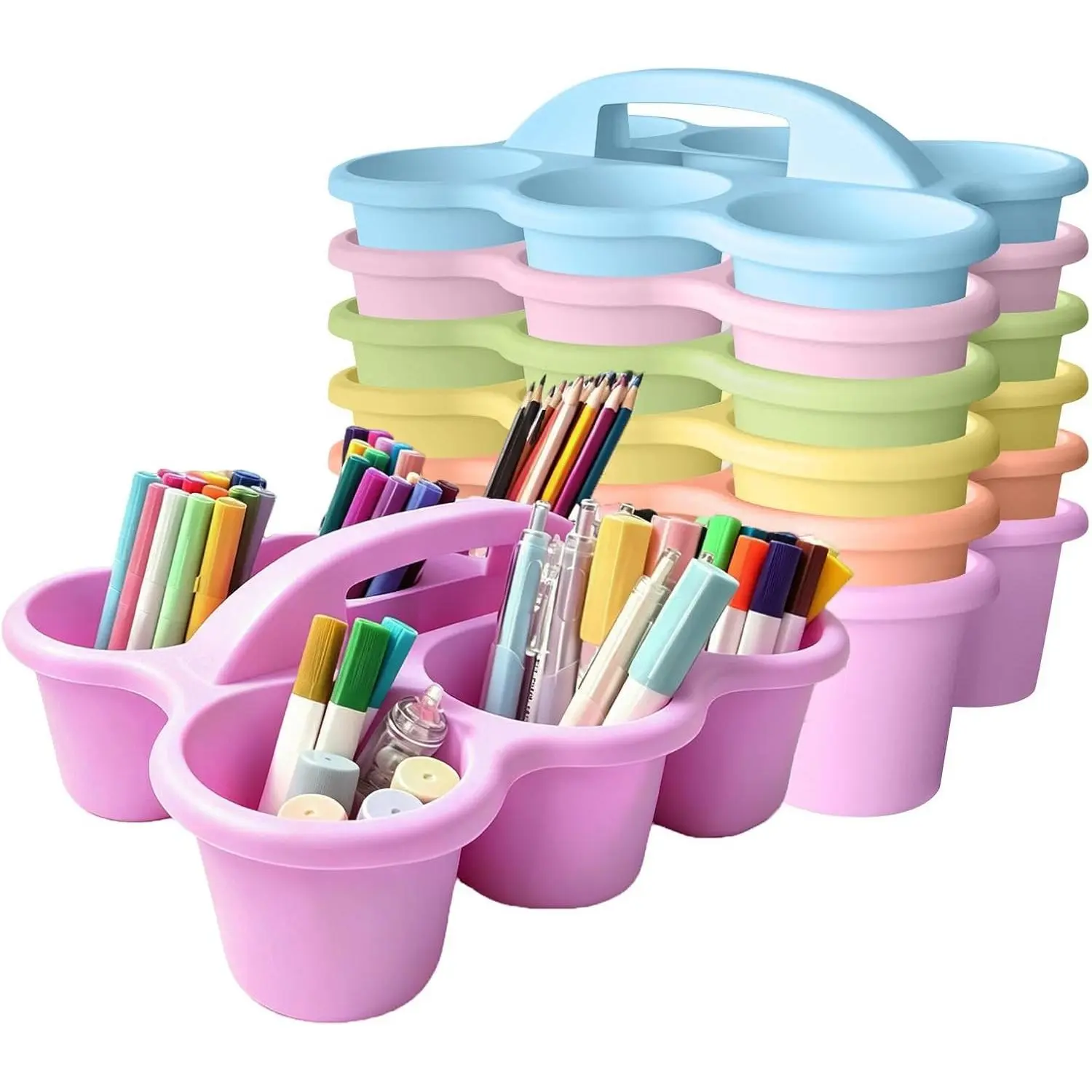 6 Pack Classroom Caddy Organizer with Handle Pastel Plastic Table Caddy 6 Compartments Storage Cup Holder for School Supplies Art Crafts Crayons Pencils Stackable Desk Caddy for Office Home