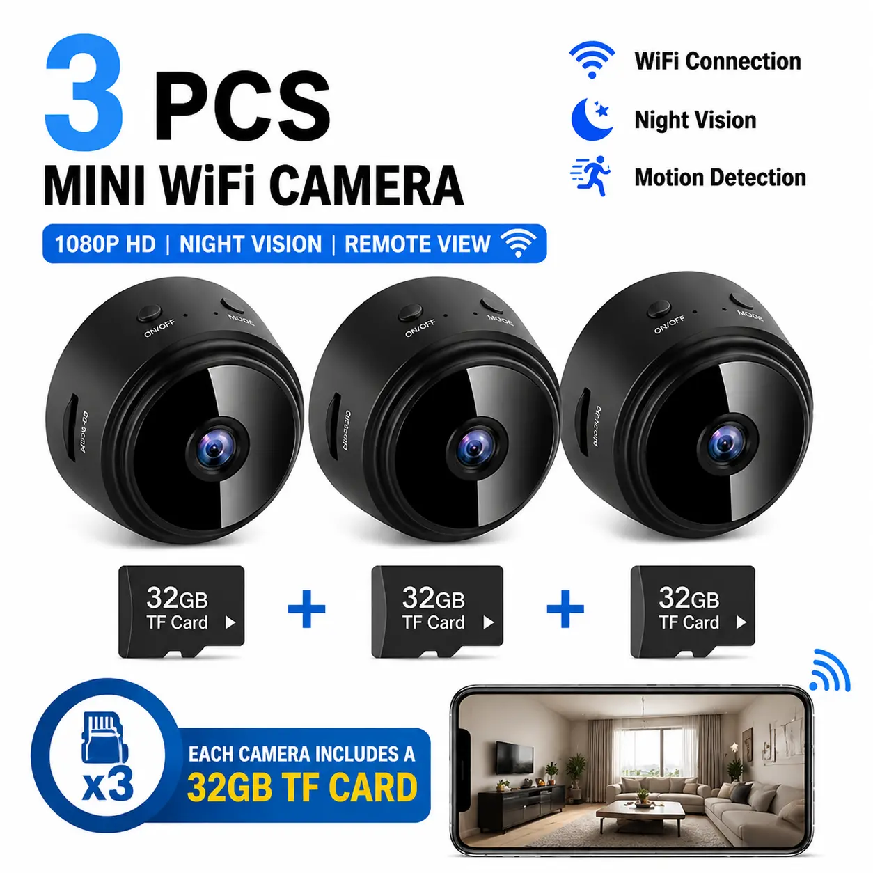 A9 Mini Camera 1080P HD, WiFi Mobile Surveillance with Motion Detection, 32GB Support, Smart Home Baby Monitor & Indoor Outdoor Security Cam