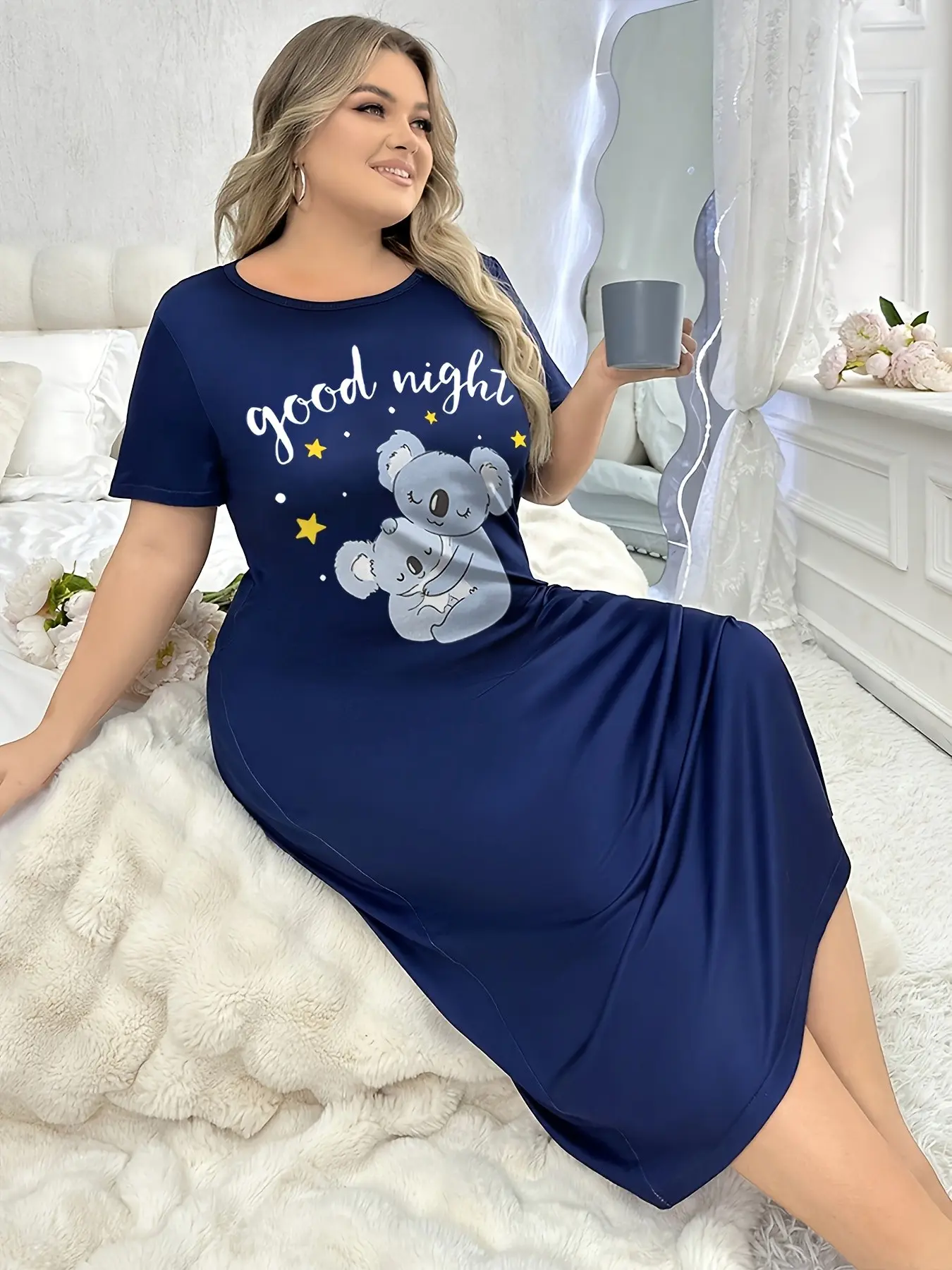 Women's Plus Size Casual Loose Oversized Sleep Dress, Cute Koala Print, Perfect for Spring and Summer, Comfortable Loungewear Nightwear for Ladies