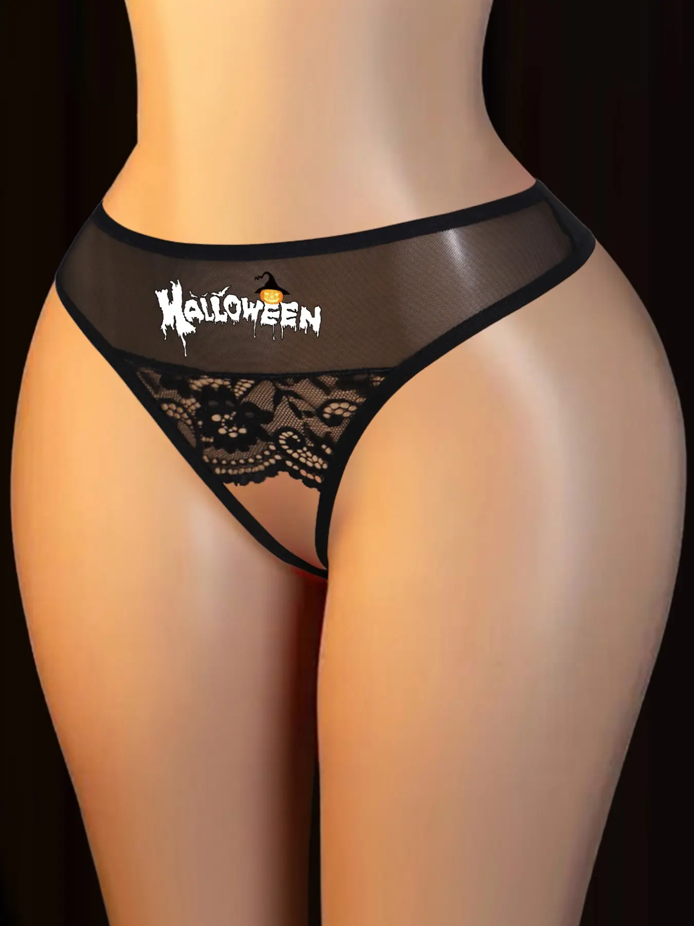 Women's Hollow Out Lace Mesh Thong, Sexy Halloween Print, Thin Comfortable Slim Fit Underwear, All Seasons