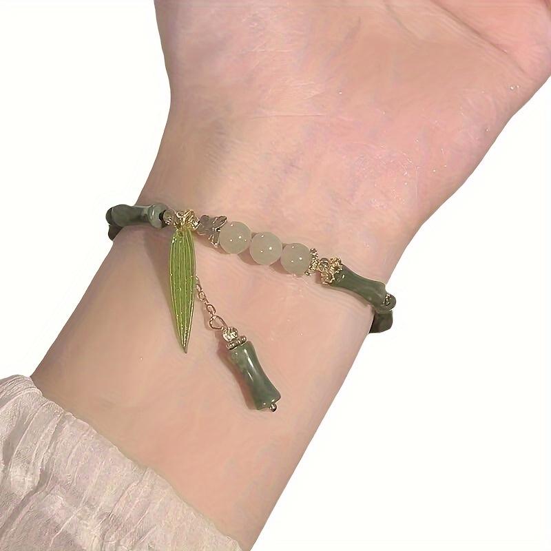 Elegant Women Transparent Green Glass Bamboo Bead Bracelet Charm Leaf Handmade Beaded Bangle Fashion Accessory Vintage Golden Butterfly Pendant Bracelet