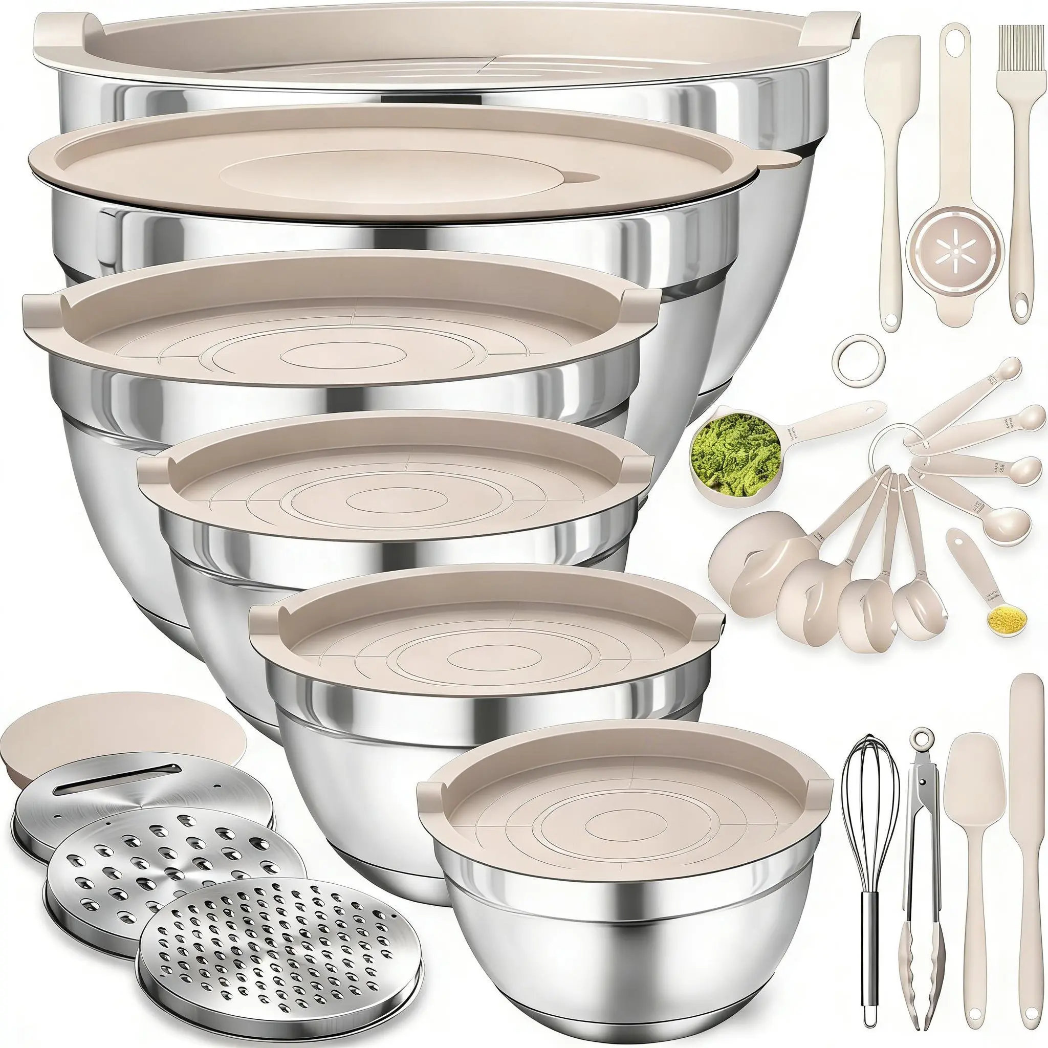 Mixing Bowls with Airtight Lids Set, 6PCS Stainless Steel Nesting Bowls Set, 3 Grater Attachments & Non-Slip Bottoms, Baking & Mixing