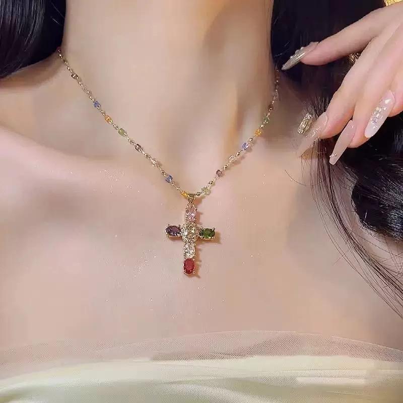 Colorful Zircon Cross Pendant Necklace, Rainbow Crystal Beaded Chain Dainty Gold Plated Necklace, Vintage Y2K Religious Cubic Zirconia Necklace for Women, Adjustable Fashion Jewelry for Daily Party Gift