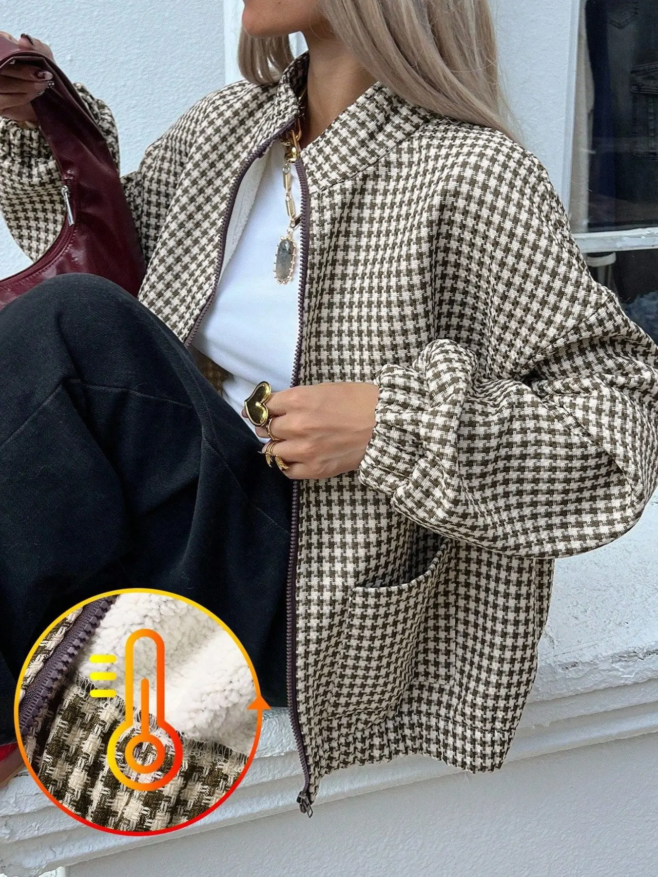 Women's Houndstooth Zipper Stand Collar Loose Fit Jacket, Casual Fall & Winter Outerwear, Plain Surface, Full Placket Top