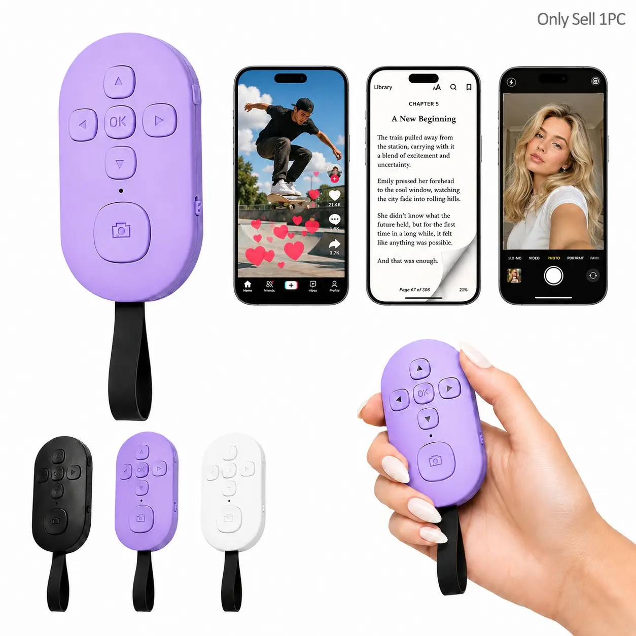 Bluetooth Remote for TikTok Scrolling & Page Turning, Wireless Hands‑Free Phone Controller with Volume Control, Camera Shutter, Play Pause and Like, Viral Trending Gadget, Selfie Clicker