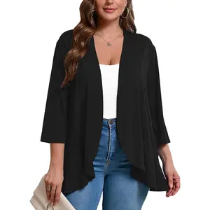 Women's Plus Size 3/4 Sleeves Lightweight Open Front Cardigan Draped Ruffles Shawls and Wraps Shrugs Kimono JacketGift.