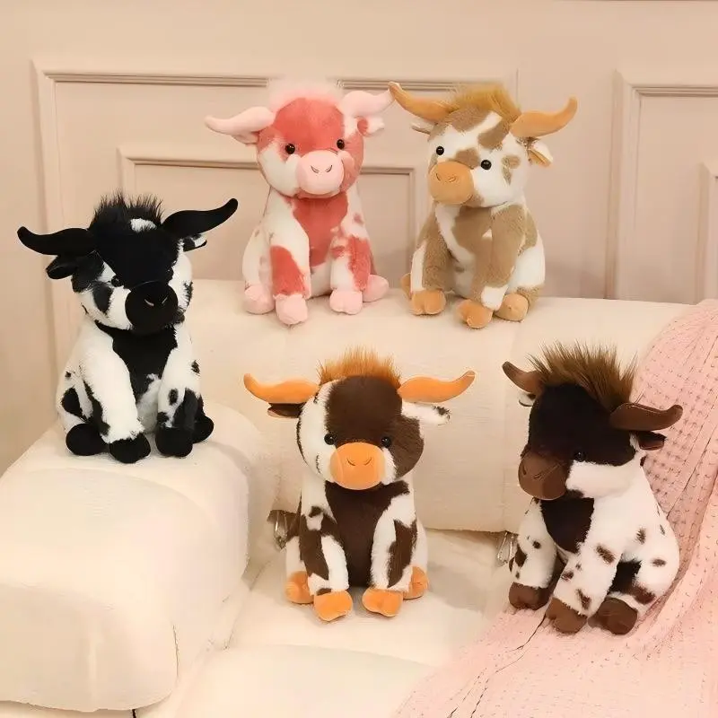 Five Color Highland Cow Plush Doll Decoration, Soft Farm Animal Stuffed Toy, All Ages, Gift for Family, Holiday Decor, Party Favor