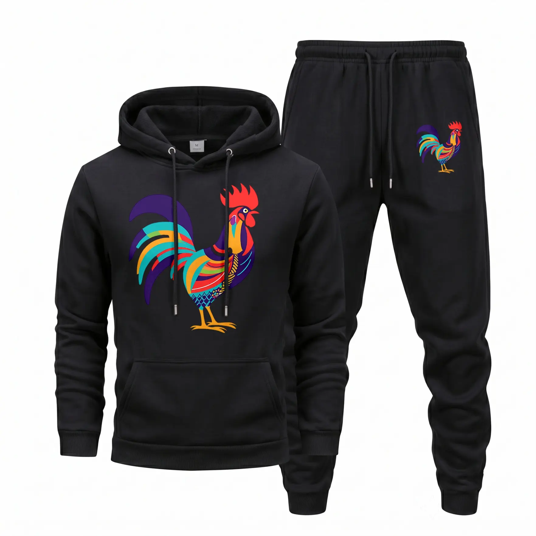 Men's Graphic Hoodie Sweatpants Set, Colorful Rooster Print Pullover Hoodie with Jogger Pants Matching Outfit, Trendy Streetwear Tracksuit for Men, Soft Comfortable Two Piece Set for Casual Wear, Travel and Outdoor Style
