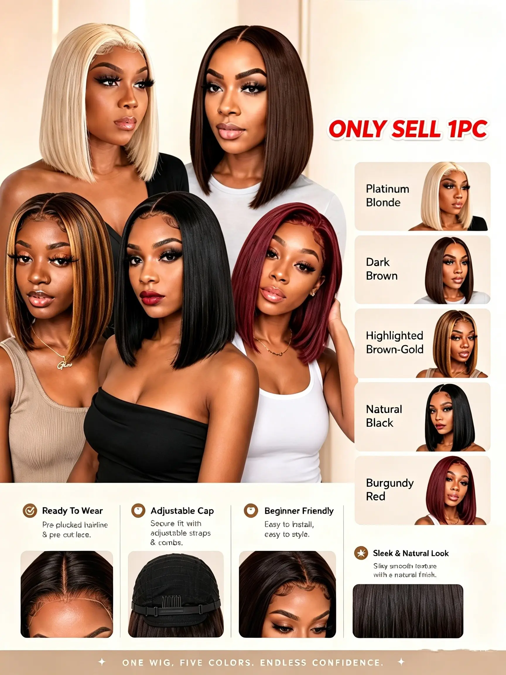 1 Pc 2026 New Straight Bob Lace Front Wig, Sleek Short Bobo Hair, Glueless Ready To Wear, Natural Hairline, Middle Part, Soft Lightweight Cap, Daily Beauty Hairpiece For Black Women, Parties, Dating, Photoshoots, TikTok Trend Look, Gift Idea