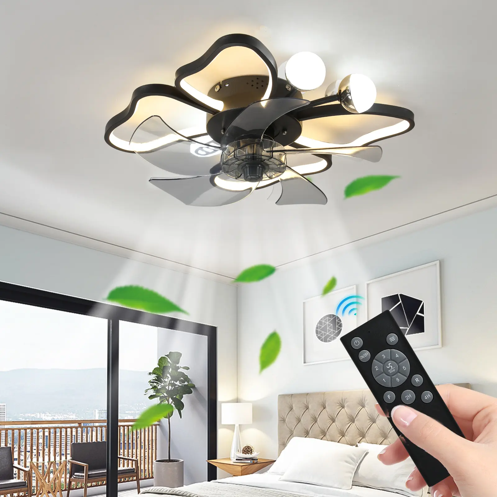 19.7 Inch Modern Ceiling Fan with Lights, Black Low Profile Bladeless Fan Light with Remote Control, Dimmable LED Chandelier Fan for Bedroom Living Room Kids Room Vintage Gold Glass Pendant friday christmas color 6-speed reversible