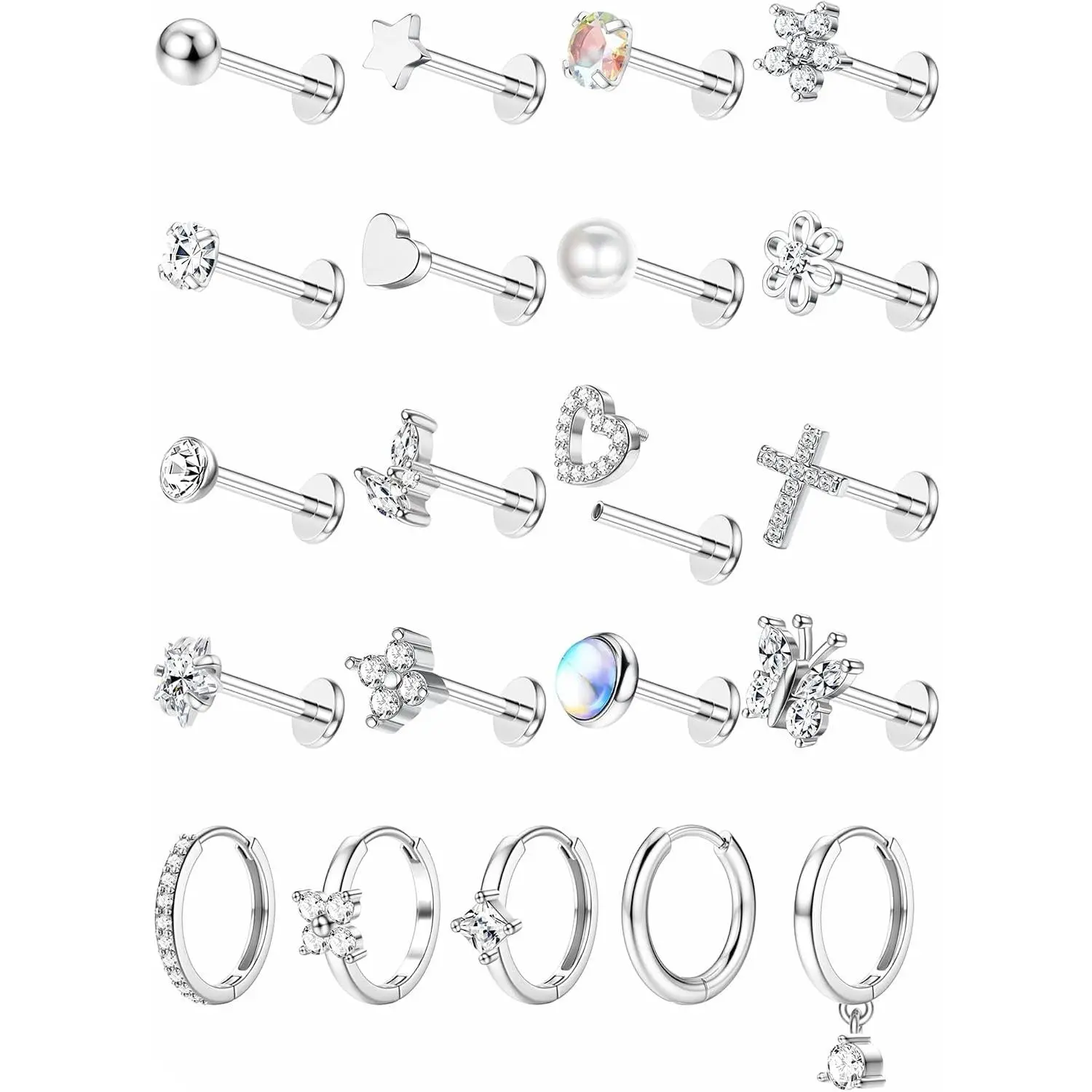 16G Stainless Steel Cartilage Earring Set for Women, Internally Threaded Flatback Studs with CZ Butterfly & Leaf, 8mm Tragus Helix Piercing Jewelry, Showering