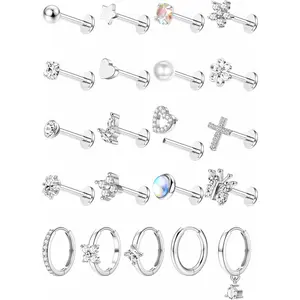 16G Stainless Steel Cartilage Earring Set for Women, Internally Threaded Flatback Studs with CZ Butterfly & Leaf, 8mm Tragus Helix Piercing Jewelry, Showering