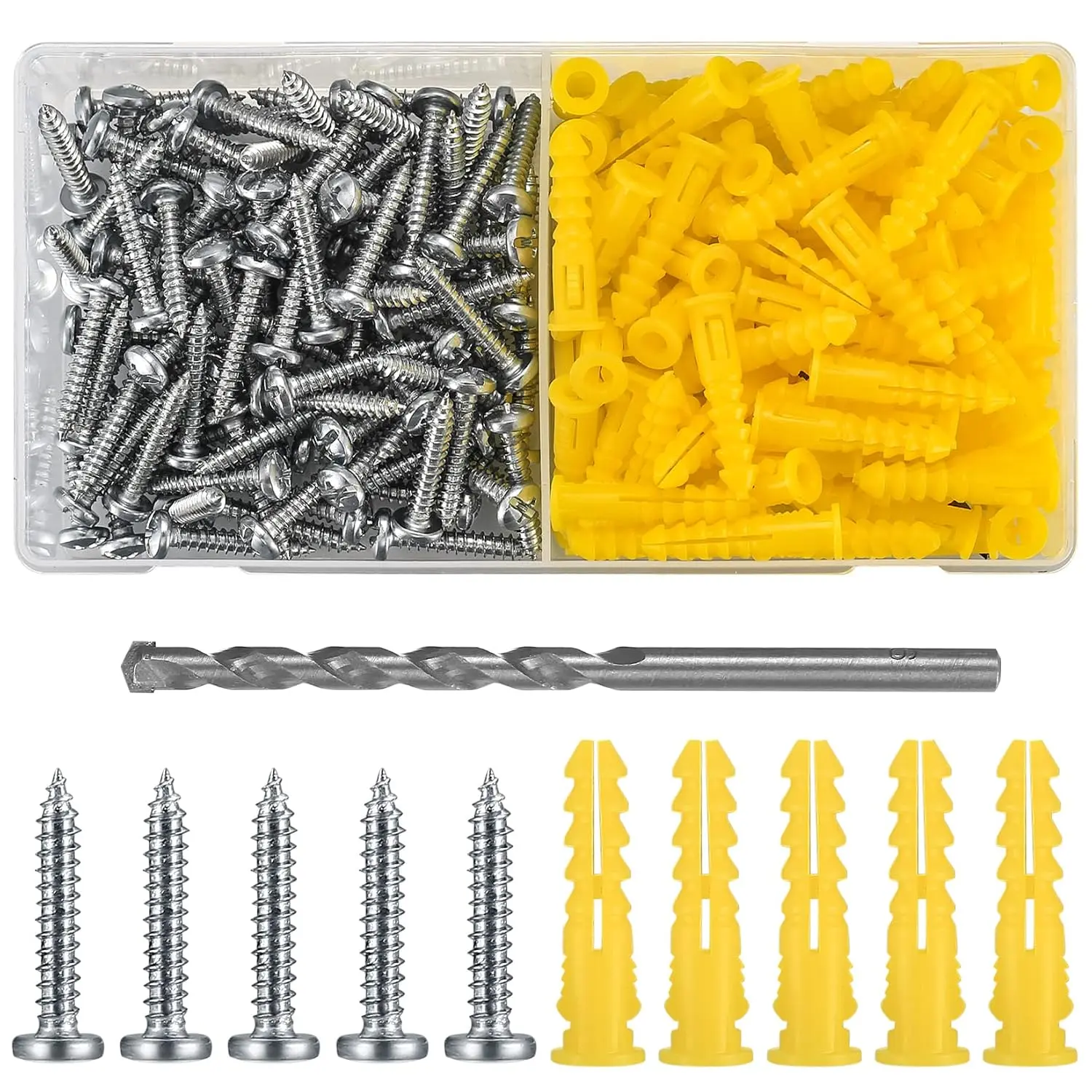 200 count Concrete Wall Anchors and Screws, Super Yellow Anchor and Pan  Screws Kits, 10# Slotted Phillips Screws and Drywall Anchor Kit for Drywall Masonry, with 1 x Drill Bit (Yellow)