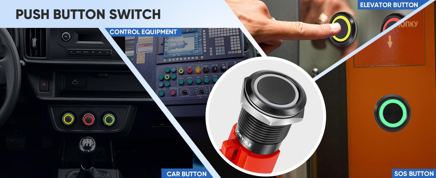 16MM Latching 12V Push Button Switch On Off,Waterproof with LED Light Power Button Switch for car，0.63" Mounting Hole with Wire Socket Plug Self-Locking(Ring Red LED/Black Shell