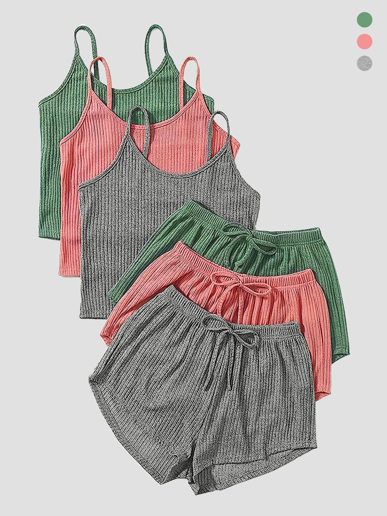 Six-Piece Set Women's Plain Basic Fitted Ribbed Shorts Set, Casual Soft Crop Spaghetti Strap Cami Top & Elastic Waist Shorts Set, Summer Clothes, Summer Outfits Set for Outdoor Holiday, Cute Summer Outfit