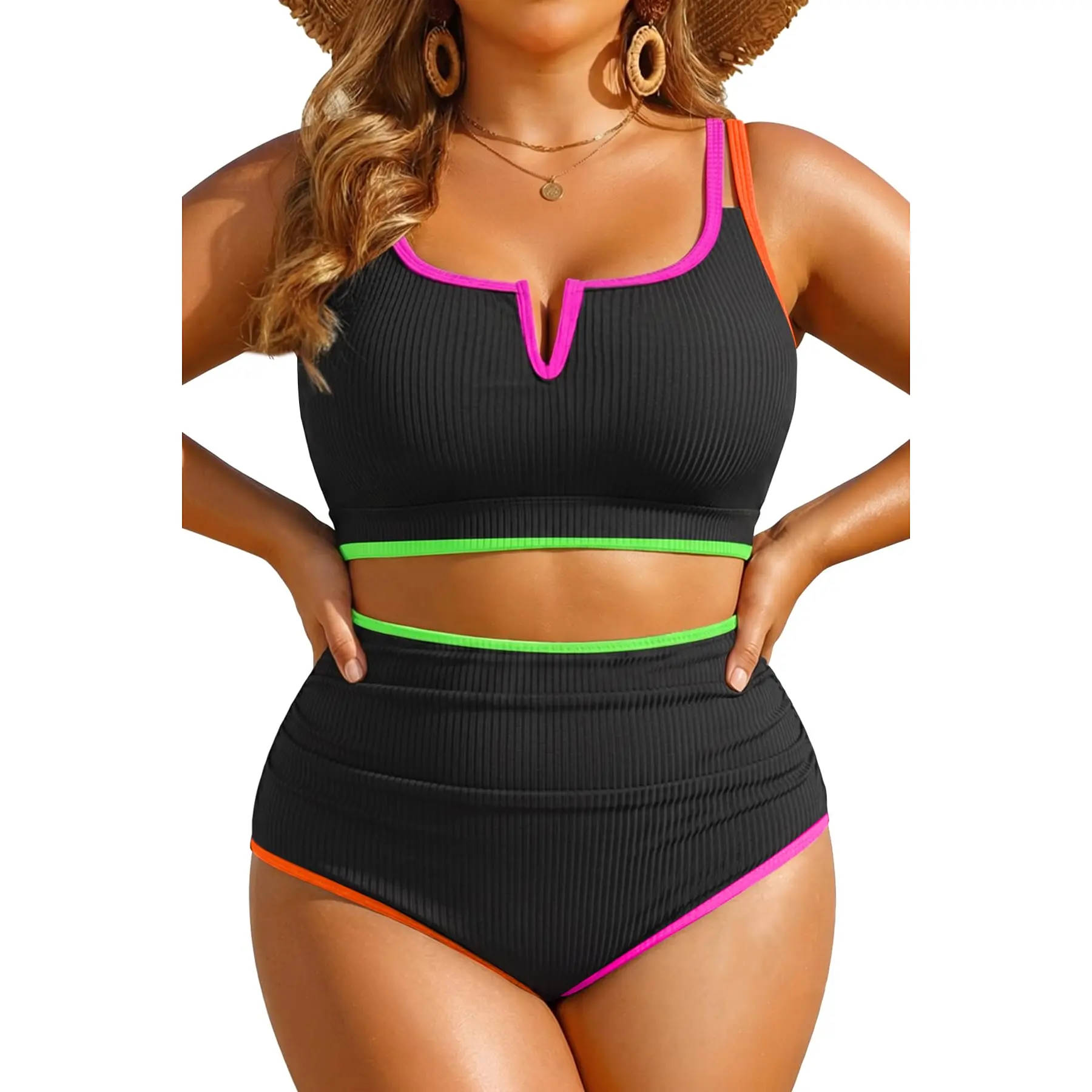 Yonique Women Plus Size High Waisted Bikini - Ribbed Two Piece Swimsuit Tummy Control Bathing Suit V-Wired Swimwear