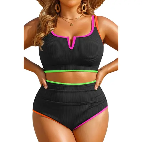 Yonique Women Plus Size High Waisted Bikini - Ribbed Two Piece Swimsuit Tummy Control Bathing Suit V-Wired Swimwear