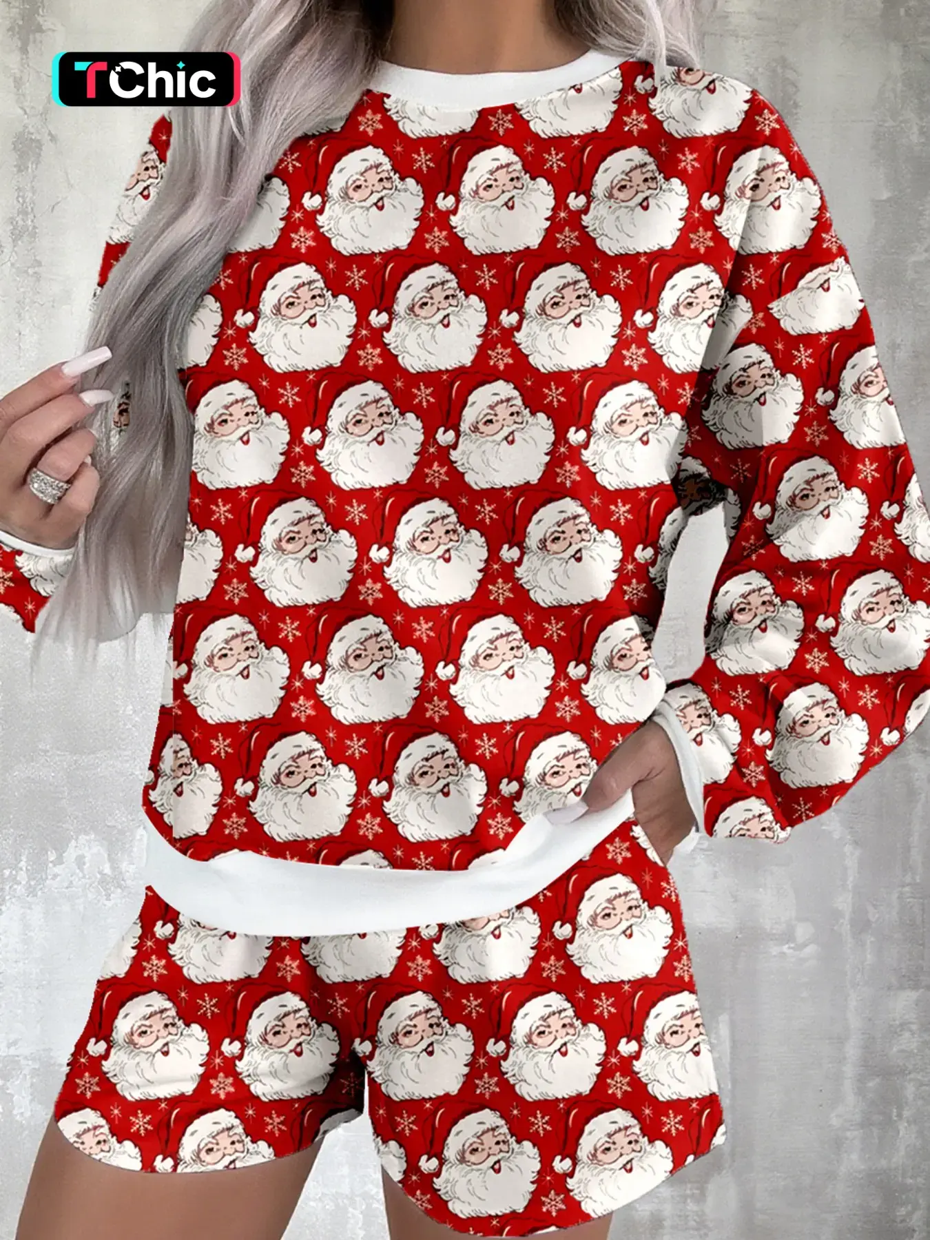 Spring Fall Casual Cute Christmas Style Letter Print Round Neck Loose Long Sleeve Top, Mid Waist Short Pants Home Set, Pajamas