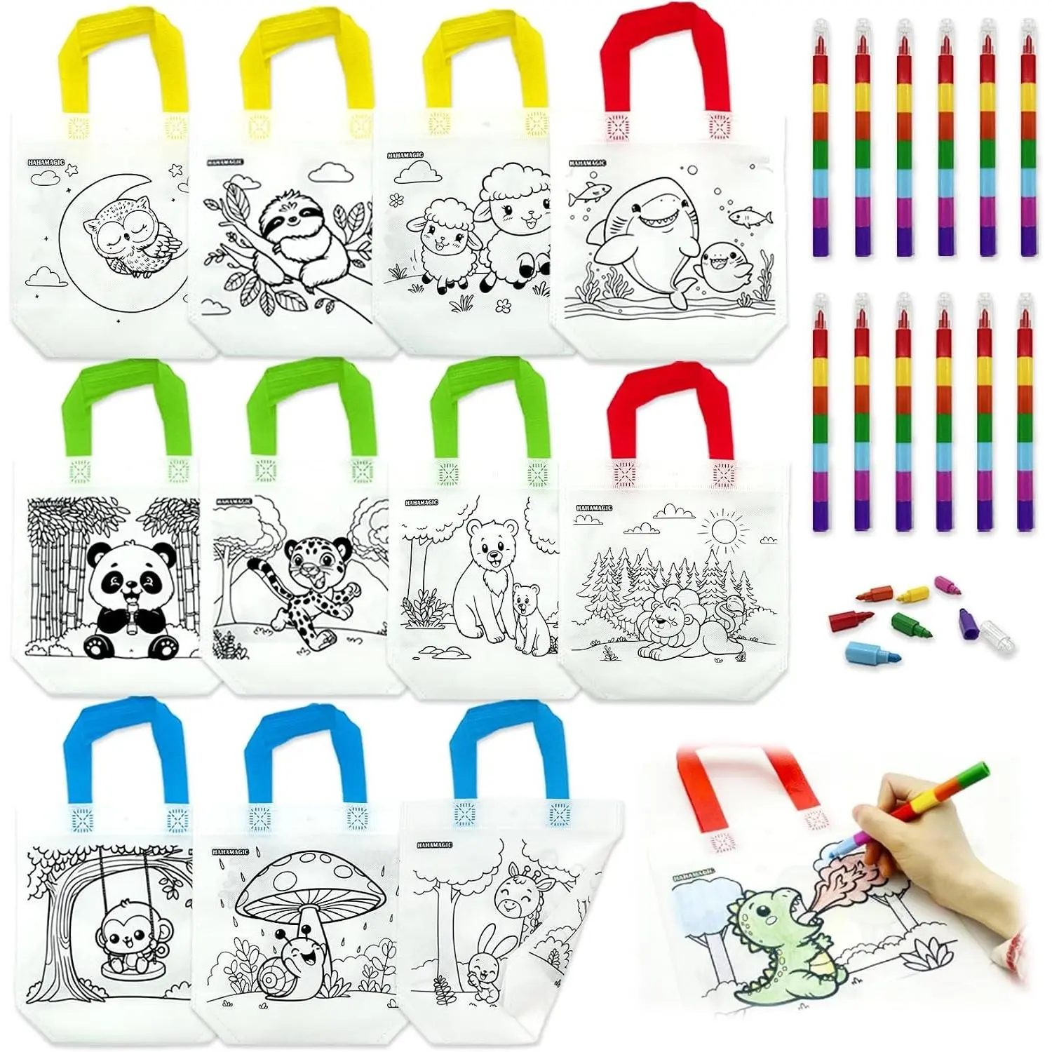 12 Coloring Goodie Bags with 12 Crayons(7-in-1), Reusable Art Party Favors for Kids Classroom, Birthday Party, Craft Supplies, Mini Tote Bags and Goodie Bags Stuffers for Kids