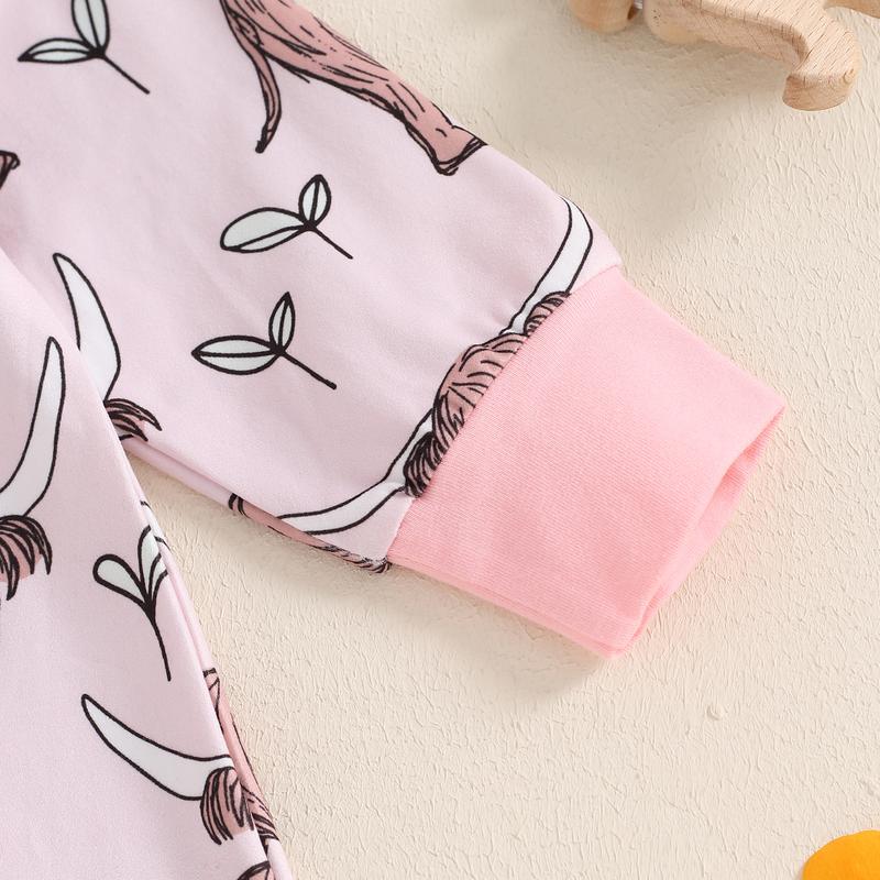Country Baby Clothes Boy Girl Western Highland Cow Print Long Sleeve Romper Zipper  Jumpsuit Spring Fall Outfit 0-12M