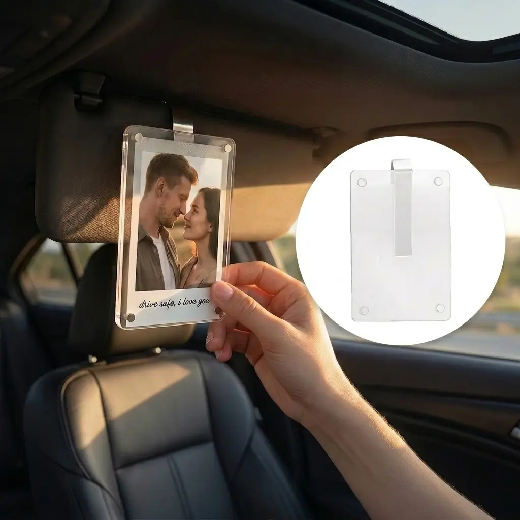 Magnetic Acrylic Car Photo Frame, 2x3 Inch Photo Holder for Car Sun Visor, Removable Couple Photo Clip, Car Interior Gift for Partner, Drive Safe Reminder Decor-YY0