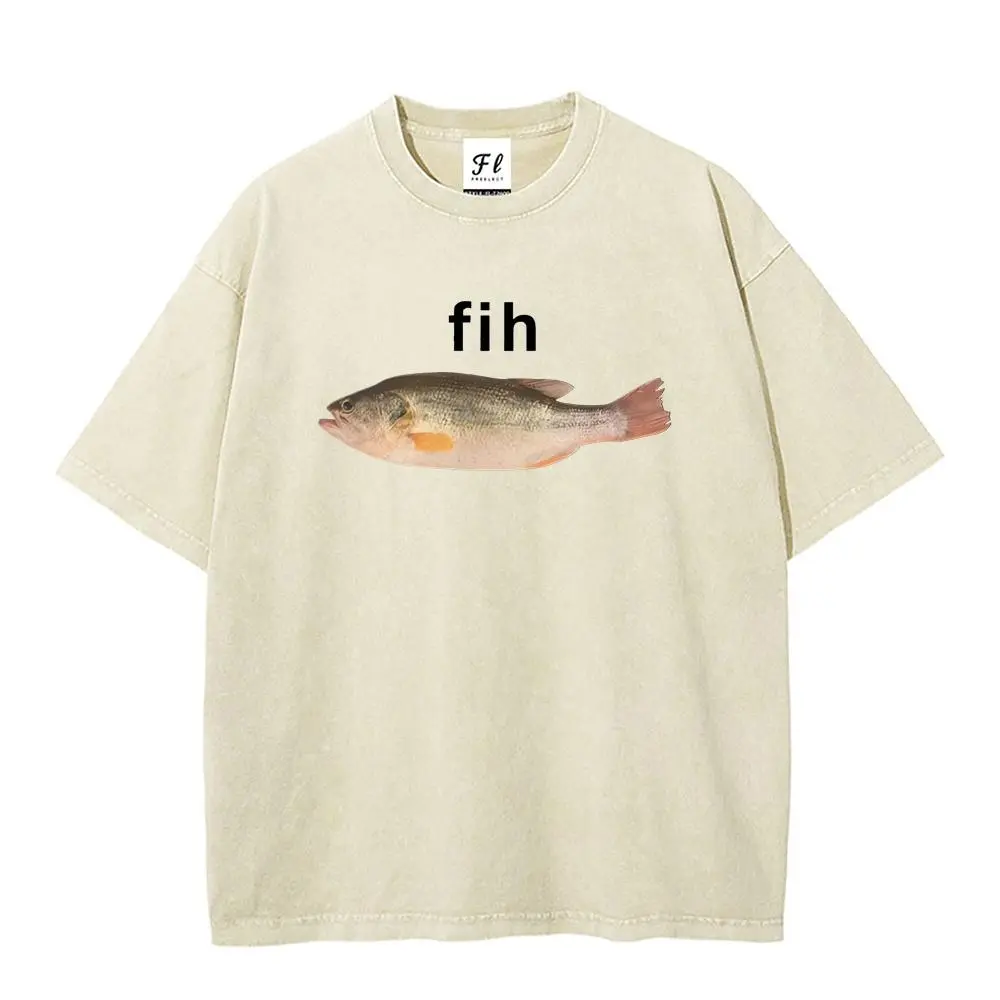 Men's Vintage Washed Fih Fish Meme T-Shirt, Menswear Casual Tops, Funny Graphic Tee, Meme Shirts Funny, Round Neck, Vintage T Shirts