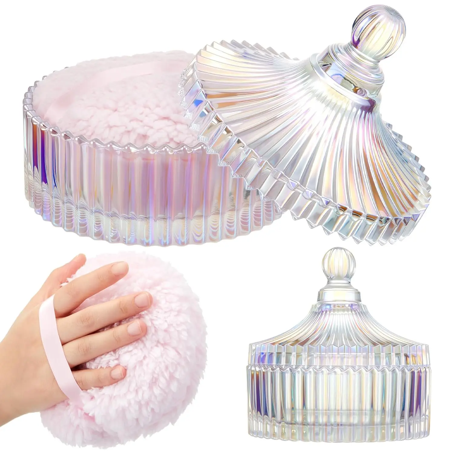 2 Pcs Extra Large Dusting Powder Puff and Container for Women-6'' Glass Crystal Dusting Powder Container Soft Washable Reusable Velour Face(Dazzling,Classic)