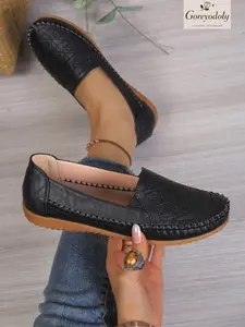 Goreyodoly Women Wide Fit Loafers Embroidery Design Elastic Slip On Shoes Soft Upper Comfortable Cushion Insole Lightweight Anti Slip Durable Sole Casual Daily Commuting Travel Shoes All Season Versatile Elegant Style